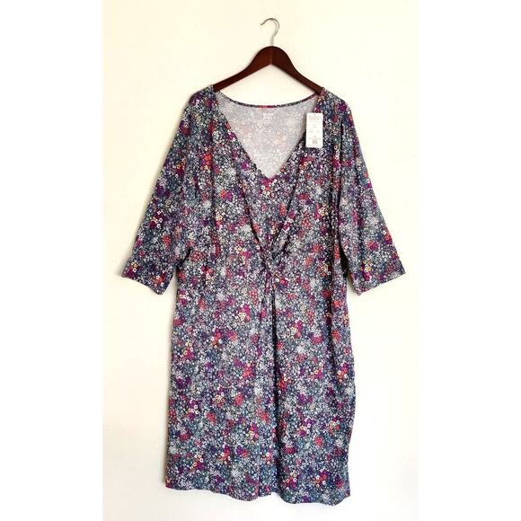 Lands End Floral Midi Dress 3X Tencel V-Neck Blue Multicolor Casual Ruched Soft - Picture 9 of 11